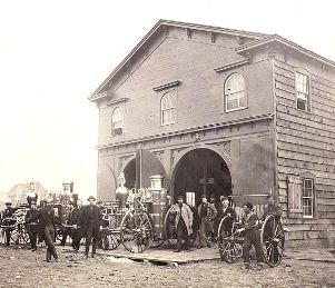 U.S. Fire Department, Alexandria, Va., with steam fire engines, July 1863, Andrew J. Russell, photographer. (Library of Congress)